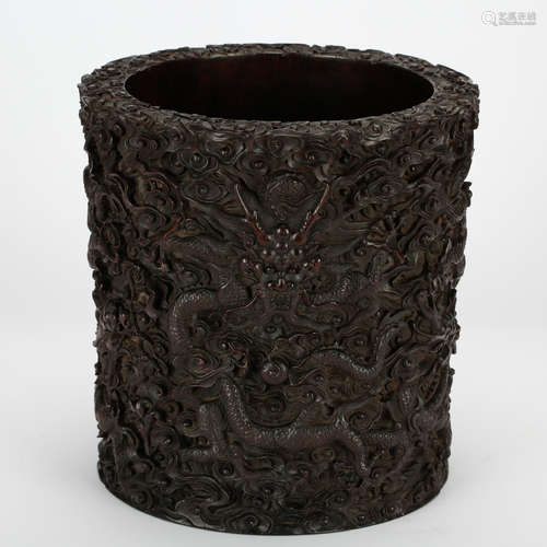 CHINESE HARDWOOD DRAGON BRUSH POT