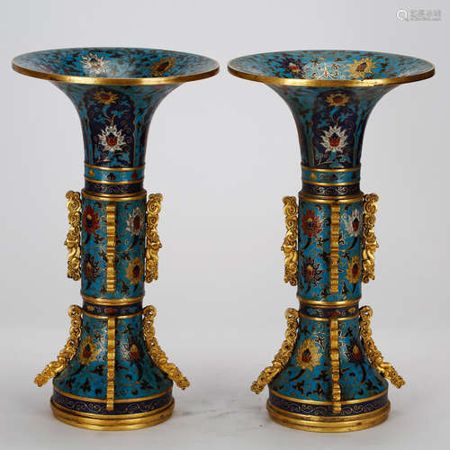 CHINESE CLOISONNE ENAMEL GU VASES, PAIR