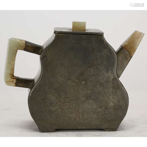 CHINESE PEWTER TEA POT WITH INLAID