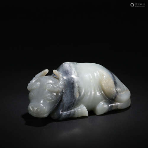 CHINESE CELADON JADE RECUMBENT OX