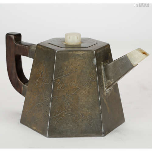 CHINESE PEWTER TEA POT WITH INLAID