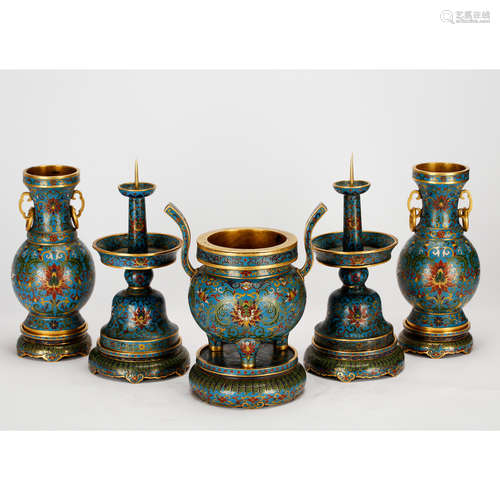 CHINESE CLOISONNE ENAMEL ALTER SET OF 5