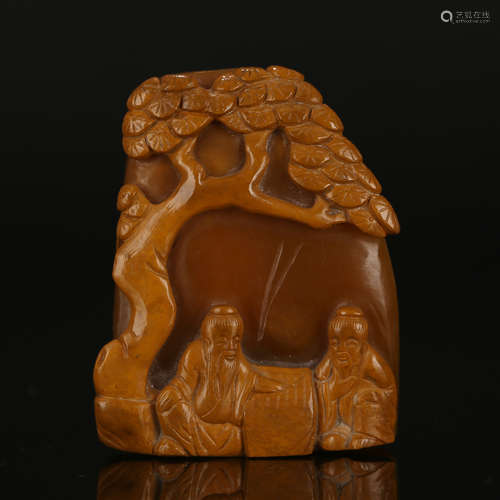 CHINESE SOAPSTONE CARVED SCHOLARS UNDER PINE TREE