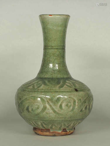 Celadon Bottle Vase with Carved Design, Yuan Dynasty