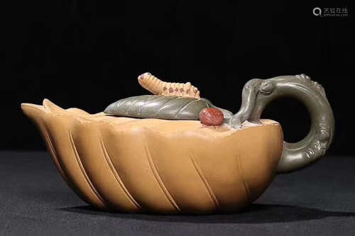 A JIANGRONG MARK SILKWORM DESIGN PURPLE CLAY TEAPOT