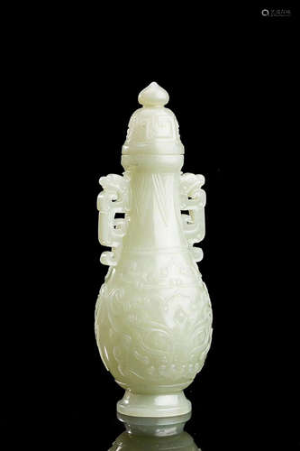 A HETIAN LIGHT GREENISH WHITE JADE VASE WITH CAP