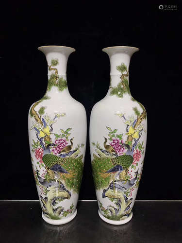 A PAIR OF CLOISONNE ENAMEL FLORAL & BIRD PATTERN VASES