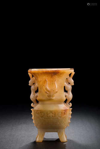 A HETIAN JADE GOBLET WITH DOUBLE CHI DRAGON EARS