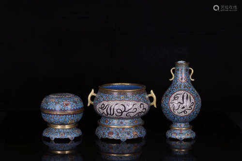 A SET OF QING DYNASTY BRONZE WIRE INLAY COLOUR ENAMELS CENSER