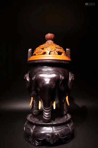 A ROSEWOOD TRIPLE FEET CENSER LATE QING DYNASTY WITH CAP