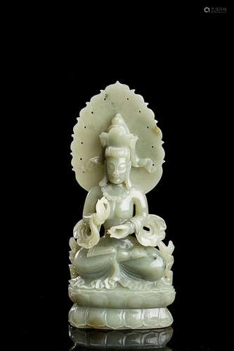 A HETIAN LIGHT GREENISH WHITE JADE GUANYIN ORNAMENT