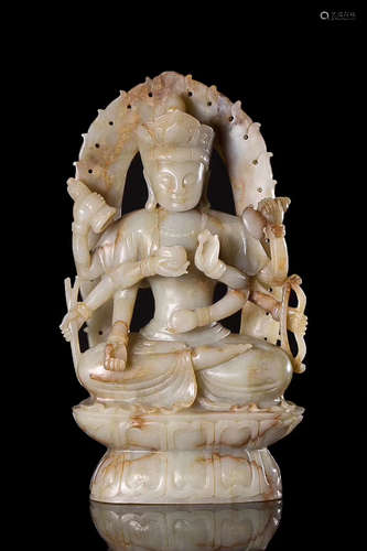 A HETIAN LIGHT GREENISH WHITE JADE THOUSAND-HAND GUAN YIN STUATE