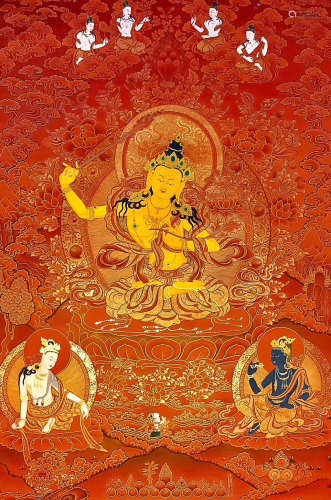 A RED GOLD TANGKA WENSHU BUDDHA