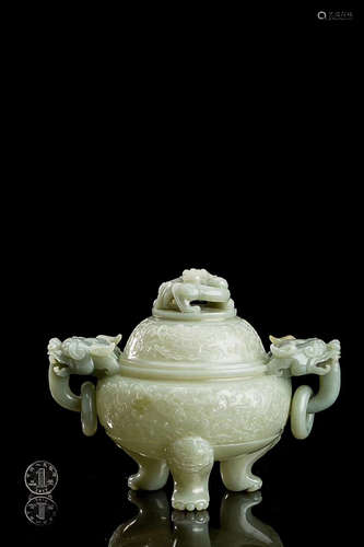 A HETIAN LIGHT GREENISH WHITE JADE THREE-FOOT CENSER