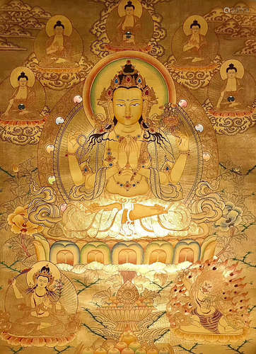 A GOLDEN THANGKA FOUR-ARM GUANYIN