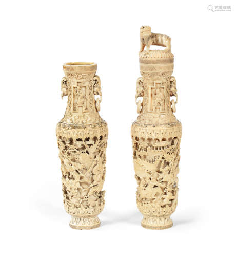18th/19th century A pair of carved ivory baluster vases