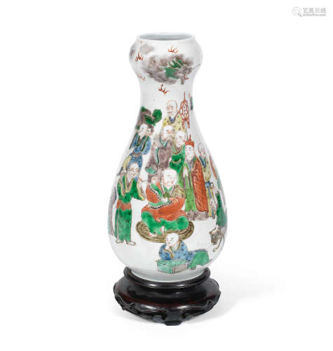 19th century A famille verte 'Luohan' garlic-head bottle vase