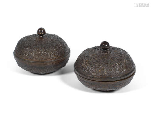 18th/19th century An unusual pair of repoussé bronze boxes and covers