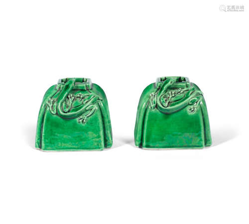 Daoguang seal marks and possibly of the period A pair of green-glazed 'chilong' square water pots