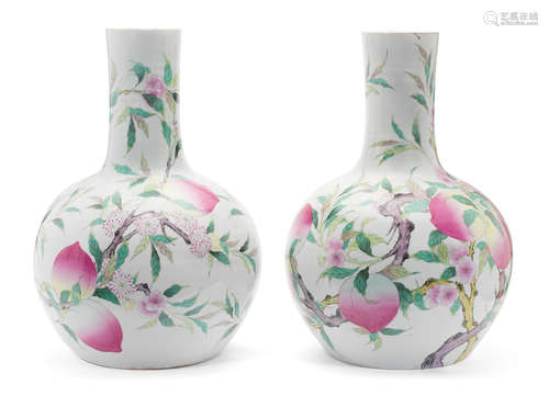 20th century A PAIR OF FAMILLE ROSE 'NINE PEACH' BOTTLE VASES, TIANQIUPING