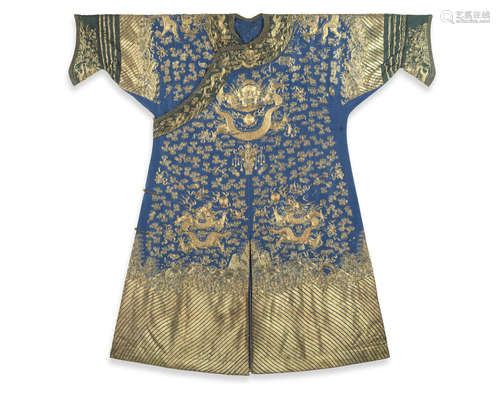 19th century A blue-ground gilt-thread and silk embroidered 'dragon' robe, jifu