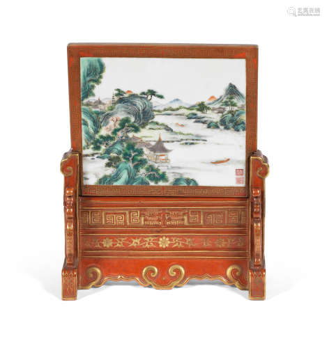 Qianlong seal mark, Republic period A famille rose and imitation lacquer porcelain table screen