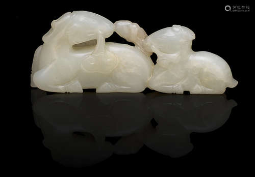 19th century A pale green jade 'deer and lingzhi' carving