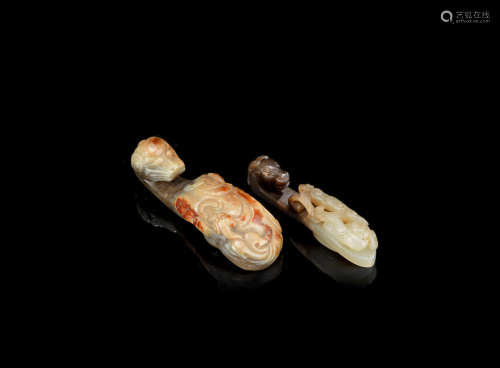Late Ming-Qing Dynasty Two grey, russet and brown jade belt hooks