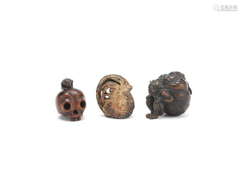 19th century, Meiji Period A group of seven carved wood netsuke