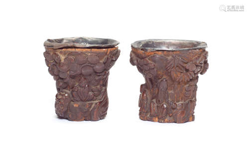 17th century A pair of carved chenxiangmu cups