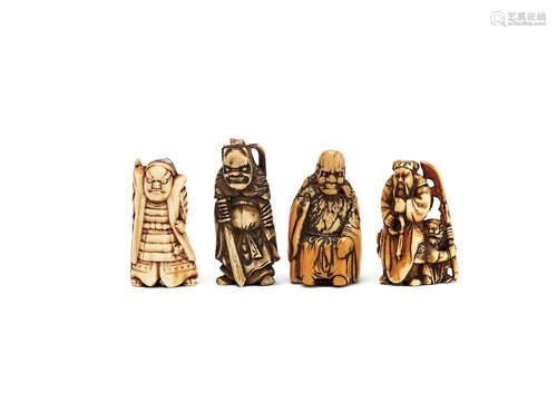 Meiji/Taisho Period A group of twelve various ivory and stag antler figural netsuke