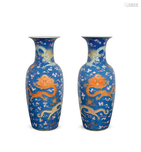 19th century A large pair of famille rose powder-blue-ground 'five-clawed dragon' vases