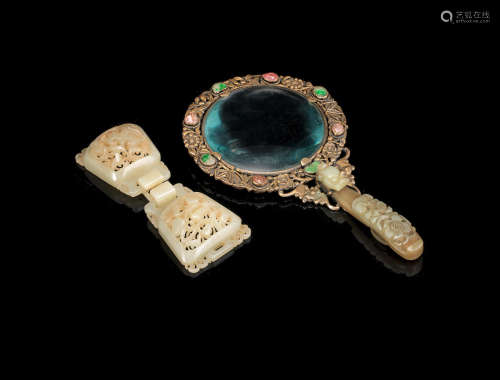 19th century A reticulated green jade belt buckle