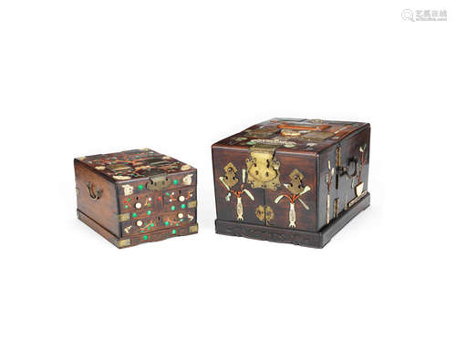 Qing Dynasty Two hardstone, ivory and coral-inlaid dressing boxes