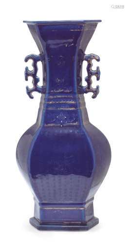 Qianlong A powder-blue and gilt hexagonal bottle vase