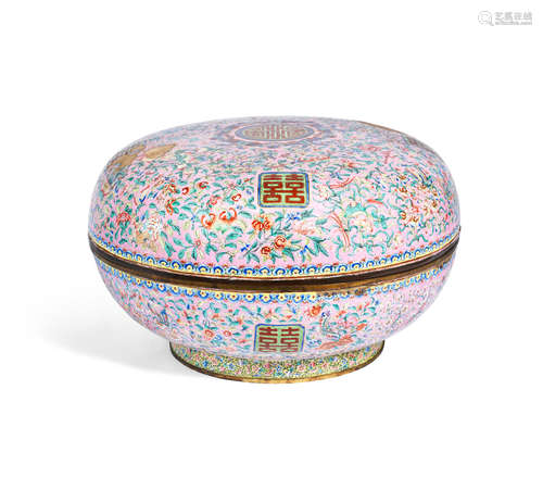 19th century A large pink-ground painted enamel box and cover