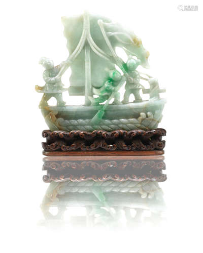 Late Qing Dynasty/early Republic Period A jadeite carving of a sailing boat