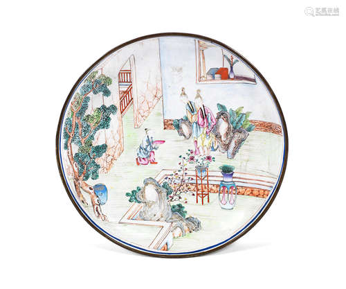 18th century A painted enamel 'Romance of the Western Chamber' dish