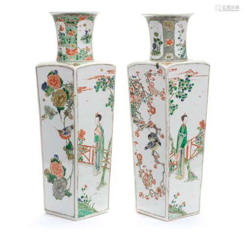 Kangxi A pair of famille verte square baluster vases