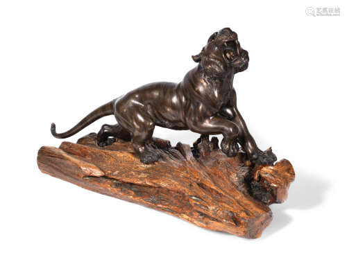 Signed, Meiji Period A large bronze okimono of a tiger