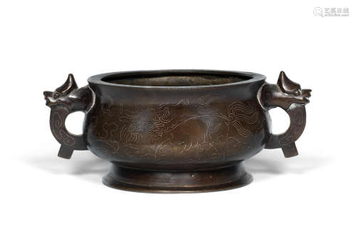 Xuande and Shisou marks, Qing Dynasty A silver-inlaid bronze incense burner
