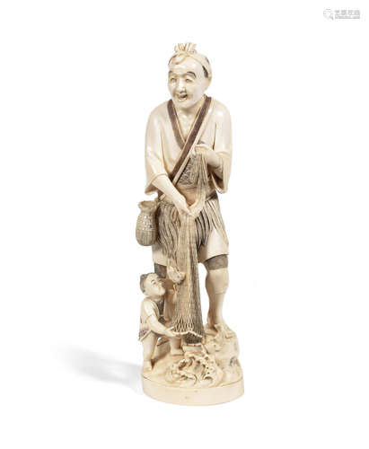 Signed, Meiji Period An ivory okimono of a fisherman