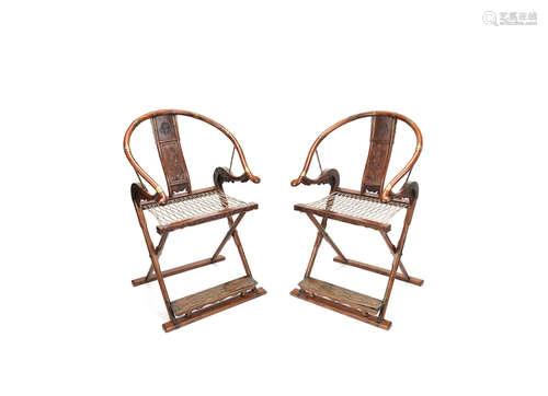 Late Qing Dynasty/Republic  A pair of hardwood horseshoe-back folding armchairs, Jiaoyi