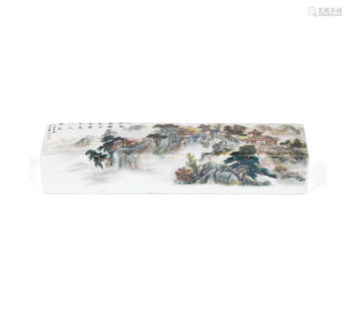 Republic Period, cyclically dated dinghai year, corresponding to 1947, and of the period An enamelled 'landscape' scroll weight