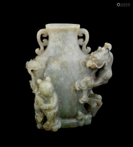 17th/18th century A pale green jade 'dragon and boy' vase