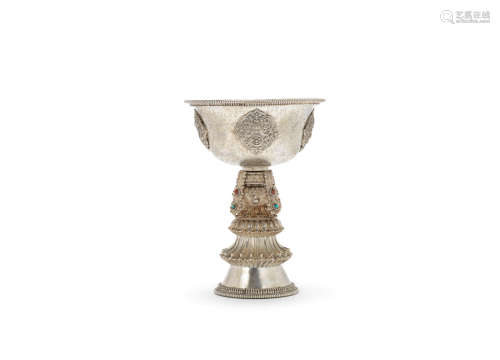 Tibet, probably 19th century  A silver butter lamp
