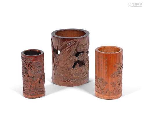 19th century A group of three carved bamboo brush pots