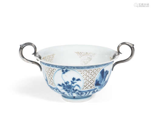 17th century, with Dutch silver mounts A silver-mounted blue and white reticulated bowl