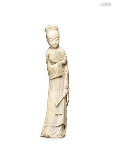 By Chikamitsu, Meiji/Taisho Period An ivory figural okimono of a Chinese maiden