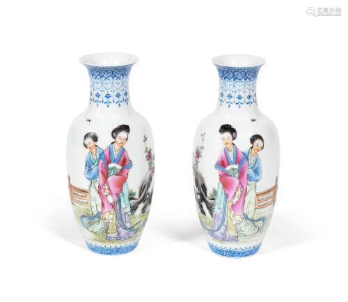 Qianlong four-character mark, Republic Period A small pair of famille rose eggshell porcelain baluster vases